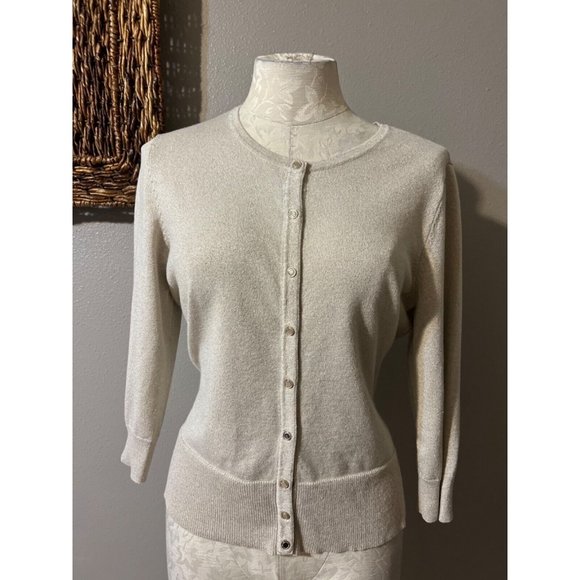White House Black Market Sweaters - White House Black Market Cardigan Sweater L Large Gold Shimmer Snap Stretch
